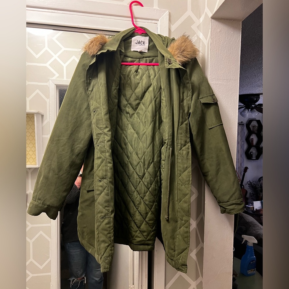 Jack By BB Dakota Womens Winter Hooded Jacket Army Green Faux Fur Lined Filled S